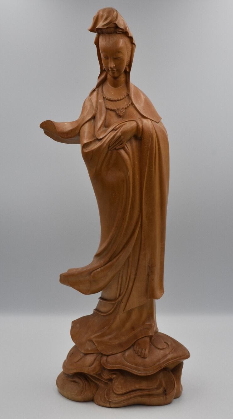 Vintage Guanyin The Bodhisattva of Compassion Hand Carved Wood Statue Figure
